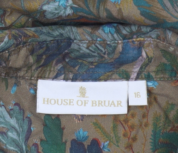 House of Bruar Women Brown UK 16 Basic Floral Bird Cotton Shirt