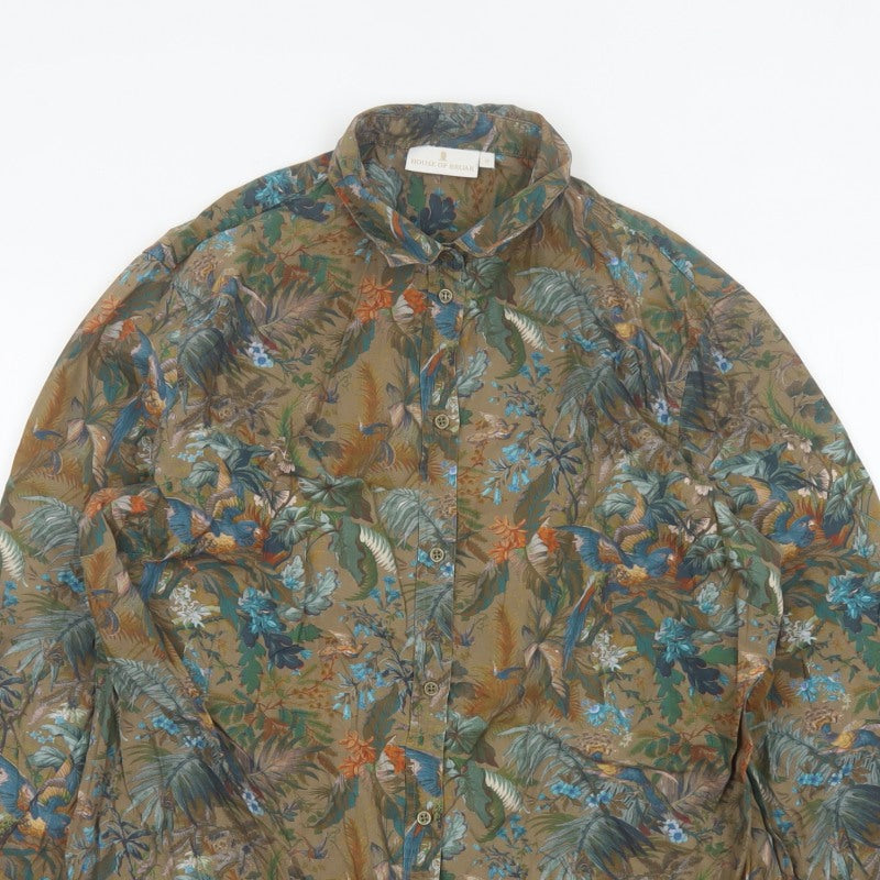 House of Bruar Women Brown UK 16 Basic Floral Bird Cotton Shirt