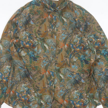 House of Bruar Women Brown UK 16 Basic Floral Bird Cotton Shirt