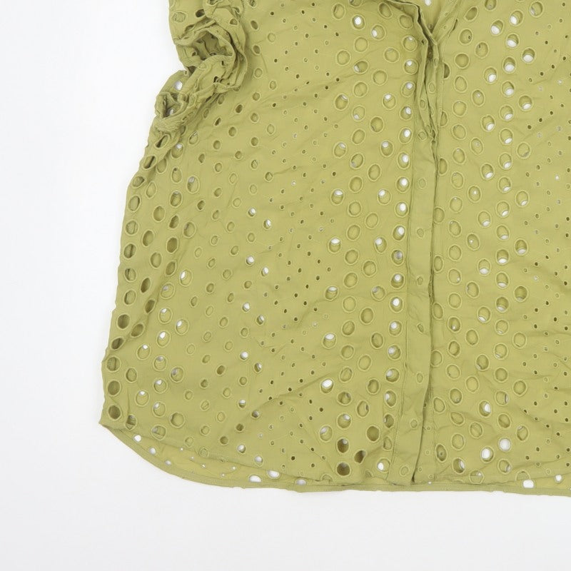 Marks and Spencer Women Green UK 22 Ruffle Eyelet Cotton Button-Up Blouse