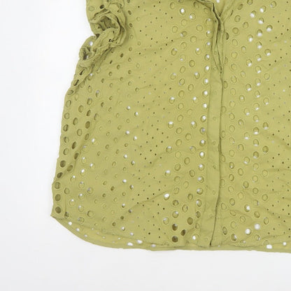 Marks and Spencer Women Green UK 22 Ruffle Eyelet Cotton Button-Up Blouse