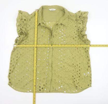 Marks and Spencer Women Green UK 22 Ruffle Eyelet Cotton Button-Up Blouse