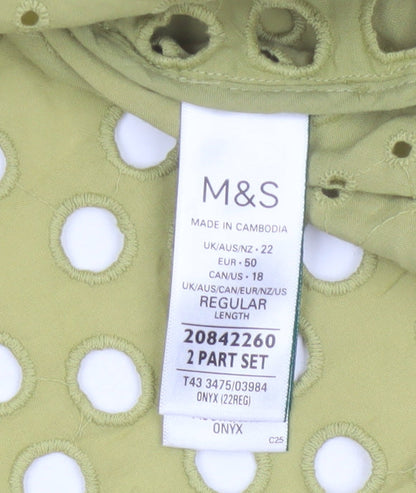 Marks and Spencer Women Green UK 22 Ruffle Eyelet Cotton Button-Up Blouse
