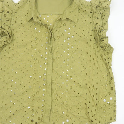 Marks and Spencer Women Green UK 22 Ruffle Eyelet Cotton Button-Up Blouse