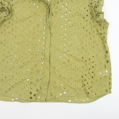 Marks and Spencer Women Green UK 22 Ruffle Eyelet Cotton Button-Up Blouse