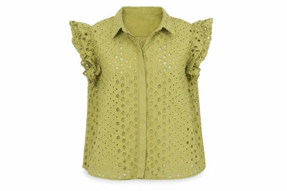 Marks and Spencer Women Green UK 22 Ruffle Eyelet Cotton Button-Up Blouse