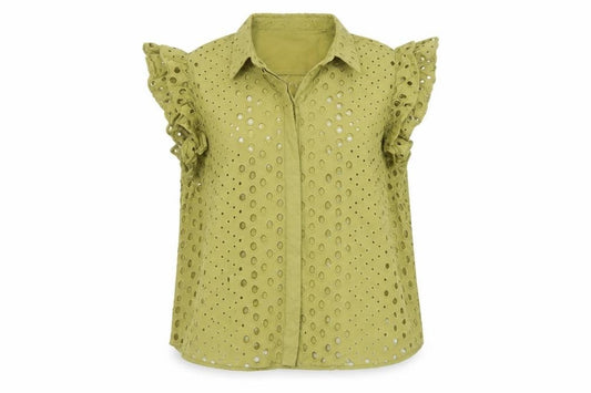 Marks and Spencer Women Green UK 22 Ruffle Eyelet Cotton Button-Up Blouse