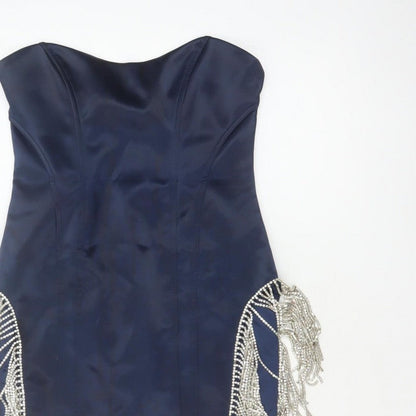 Oh Polly Women Blue UK 10 Bodycon Strapless Mini Beaded Fringe Party Dress