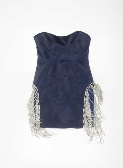 Oh Polly Women Blue UK 10 Bodycon Strapless Mini Beaded Fringe Party Dress
