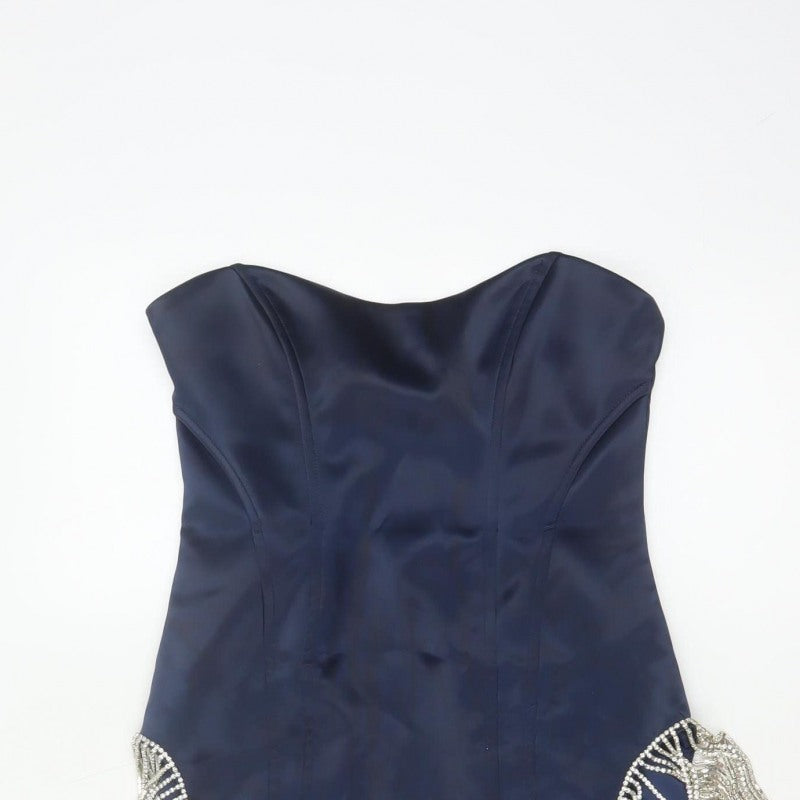 Oh Polly Women Blue UK 10 Bodycon Strapless Mini Beaded Fringe Party Dress