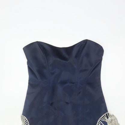 Oh Polly Women Blue UK 10 Bodycon Strapless Mini Beaded Fringe Party Dress