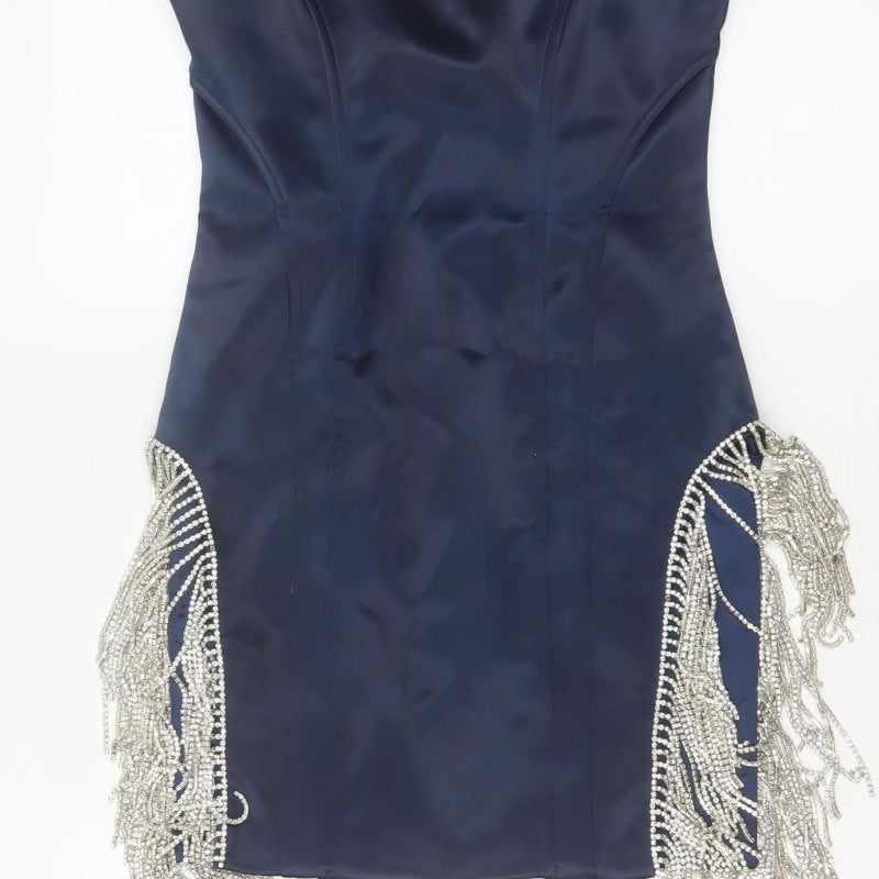 Oh Polly Women Blue UK 10 Bodycon Strapless Mini Beaded Fringe Party Dress