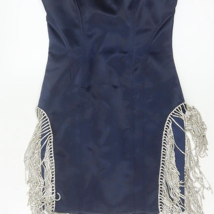Oh Polly Women Blue UK 10 Bodycon Strapless Mini Beaded Fringe Party Dress