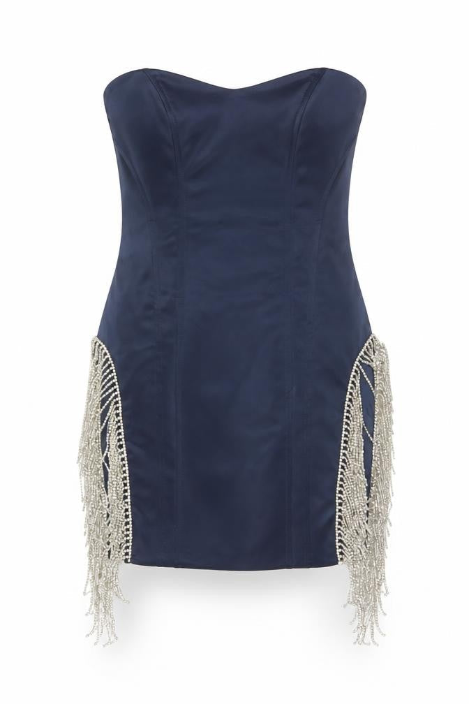 Oh Polly Women Blue UK 10 Bodycon Strapless Mini Beaded Fringe Party Dress