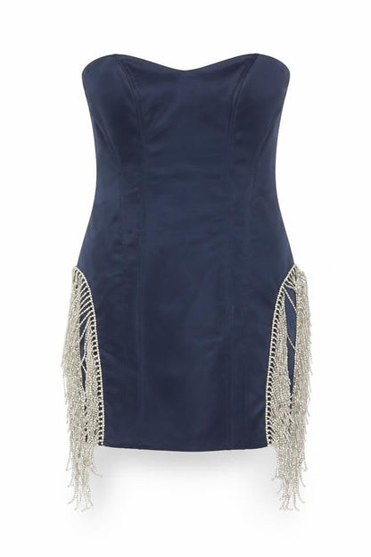 Oh Polly Women Blue UK 10 Bodycon Strapless Mini Beaded Fringe Party Dress