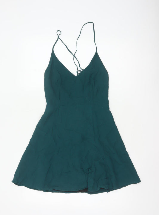 Forever 21 Women Green S A-Line Strappy V-Neck Tie Back Mini Dress