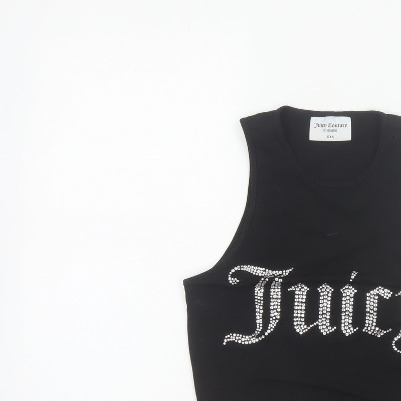 Juicy Couture Women Black XXS Rhinestone Logo Cropped Tank Top