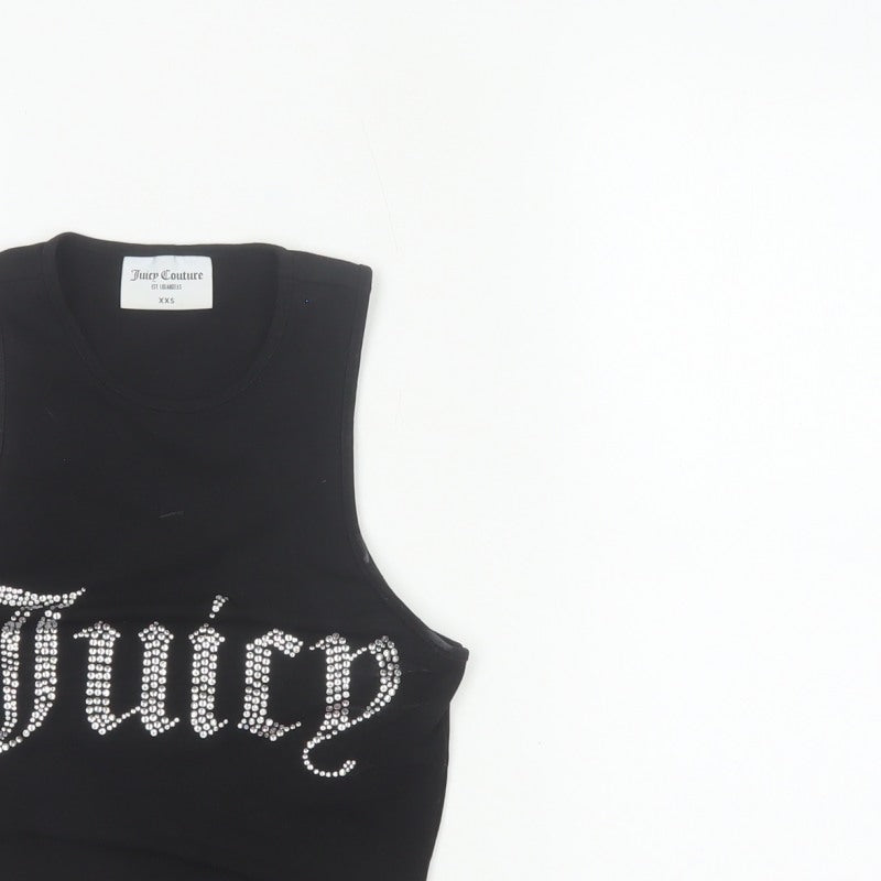 Juicy Couture Women Black XXS Rhinestone Logo Cropped Tank Top