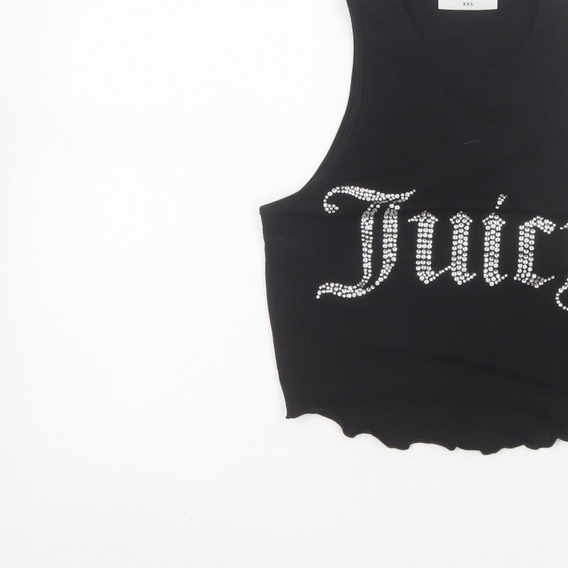 Juicy Couture Women Black XXS Rhinestone Logo Cropped Tank Top