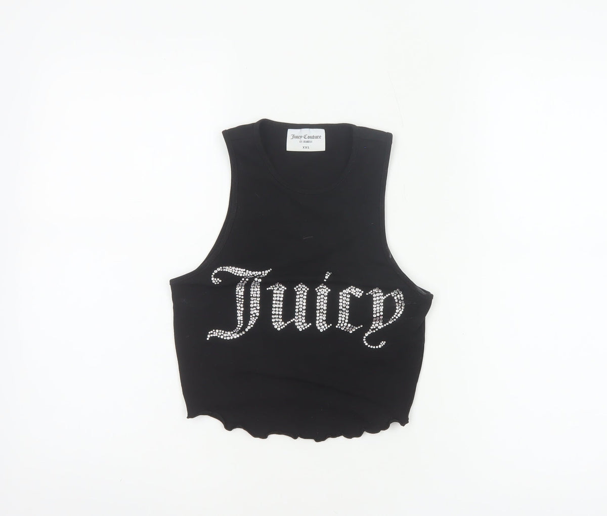 Juicy Couture Women Black XXS Rhinestone Logo Cropped Tank Top