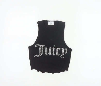 Juicy Couture Women Black XXS Rhinestone Logo Cropped Tank Top