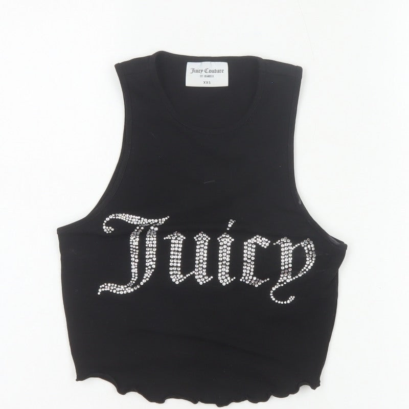 Juicy Couture Women Black XXS Rhinestone Logo Cropped Tank Top