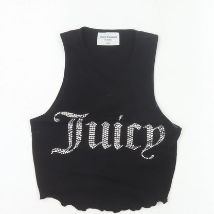 Juicy Couture Women Black XXS Rhinestone Logo Cropped Tank Top