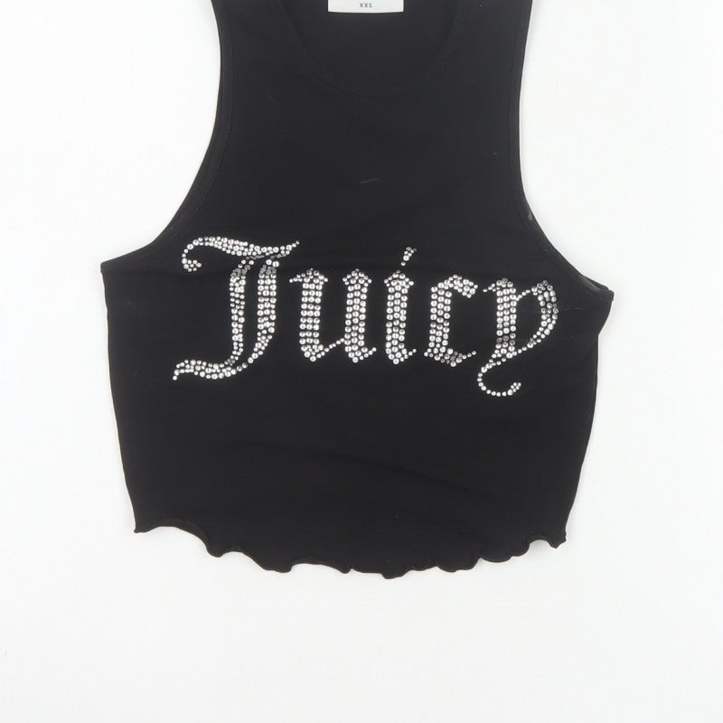 Juicy Couture Women Black XXS Rhinestone Logo Cropped Tank Top