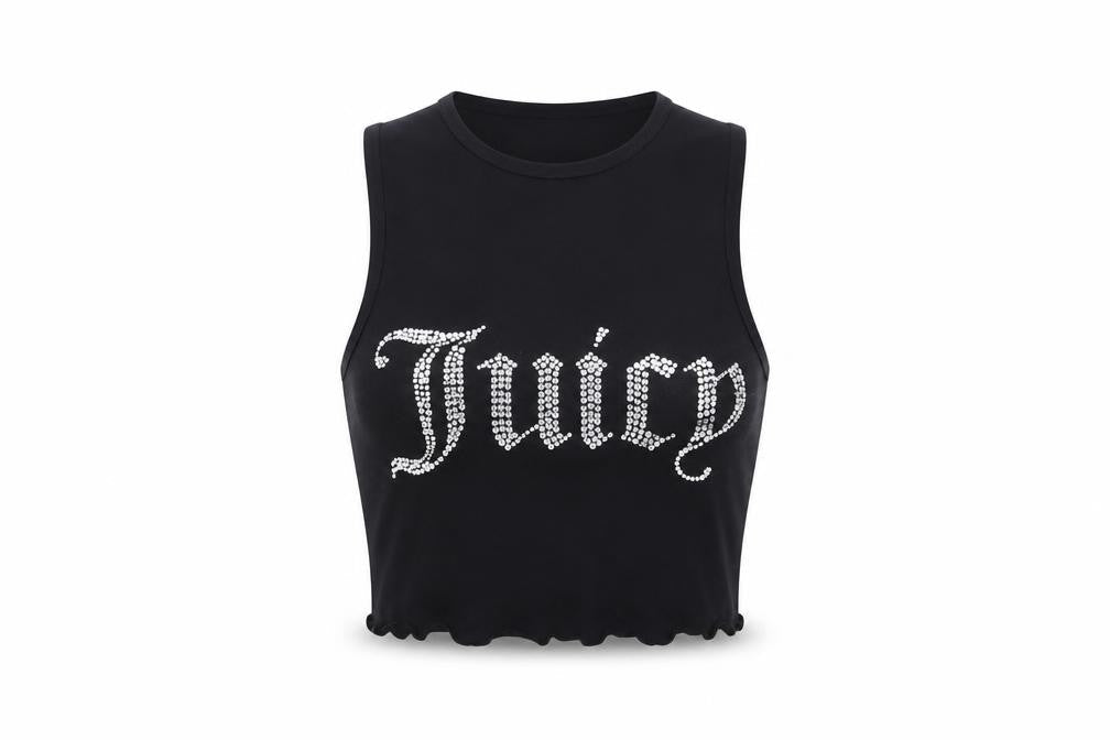 Juicy Couture Women Black XXS Rhinestone Logo Cropped Tank Top