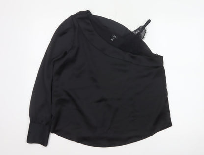 River Island Women Black Size 16 One Shoulder Lace Long Sleeve Blouse