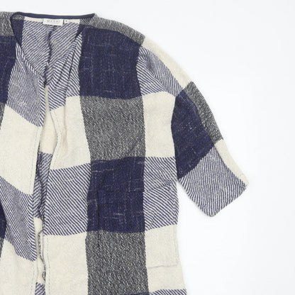 Masai Women Blue M Open Knit Check Long Jacket Cotton Viscose