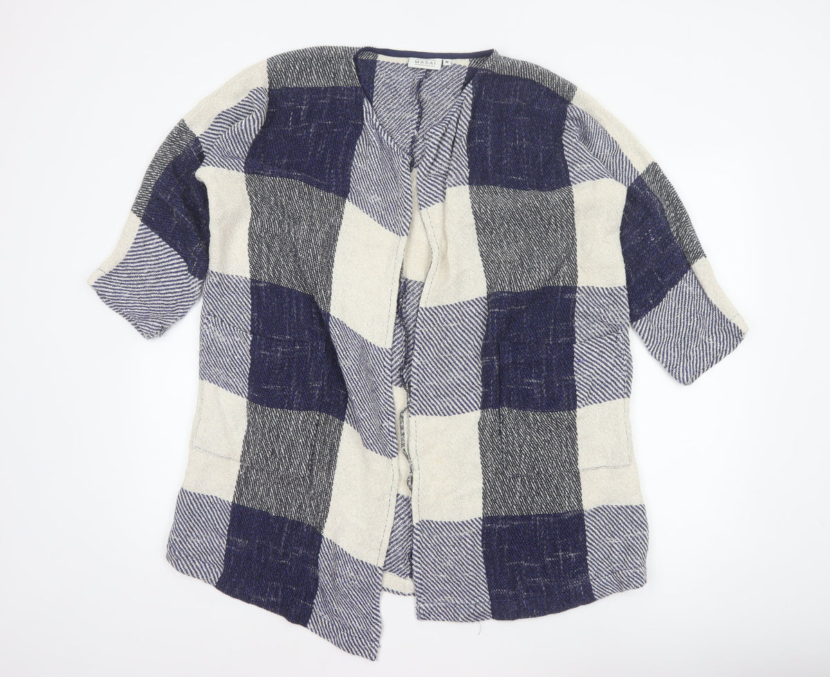 Masai Women Blue M Open Knit Check Long Jacket Cotton Viscose