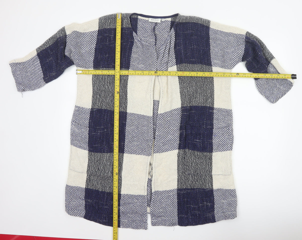 Masai Women Blue M Open Knit Check Long Jacket Cotton Viscose
