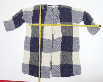 Masai Women Blue M Open Knit Check Long Jacket Cotton Viscose