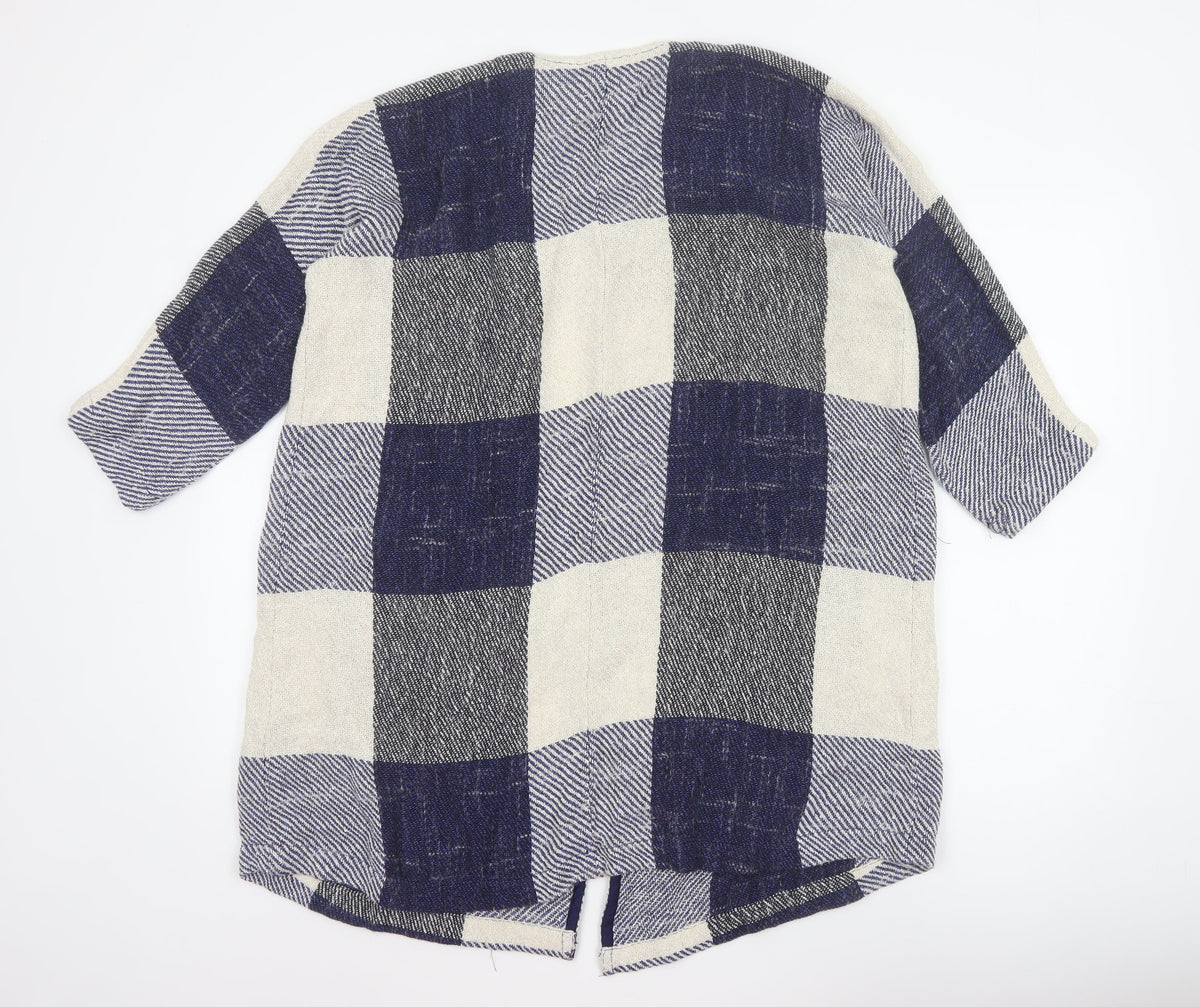 Masai Women Blue M Open Knit Check Long Jacket Cotton Viscose