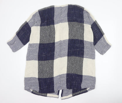 Masai Women Blue M Open Knit Check Long Jacket Cotton Viscose