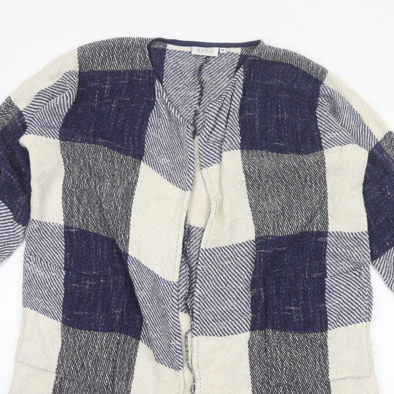 Masai Women Blue M Open Knit Check Long Jacket Cotton Viscose