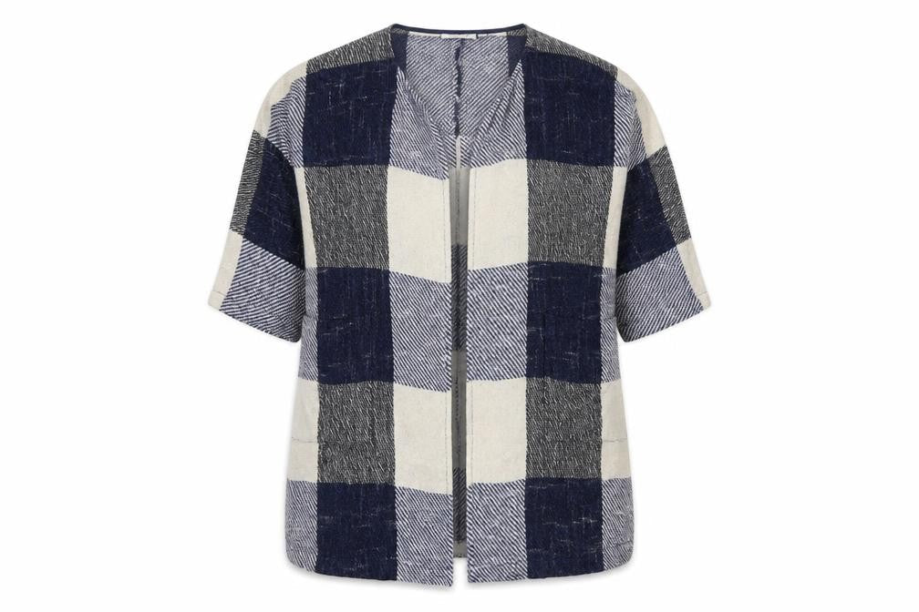 Masai Women Blue M Open Knit Check Long Jacket Cotton Viscose