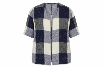 Masai Women Blue M Open Knit Check Long Jacket Cotton Viscose