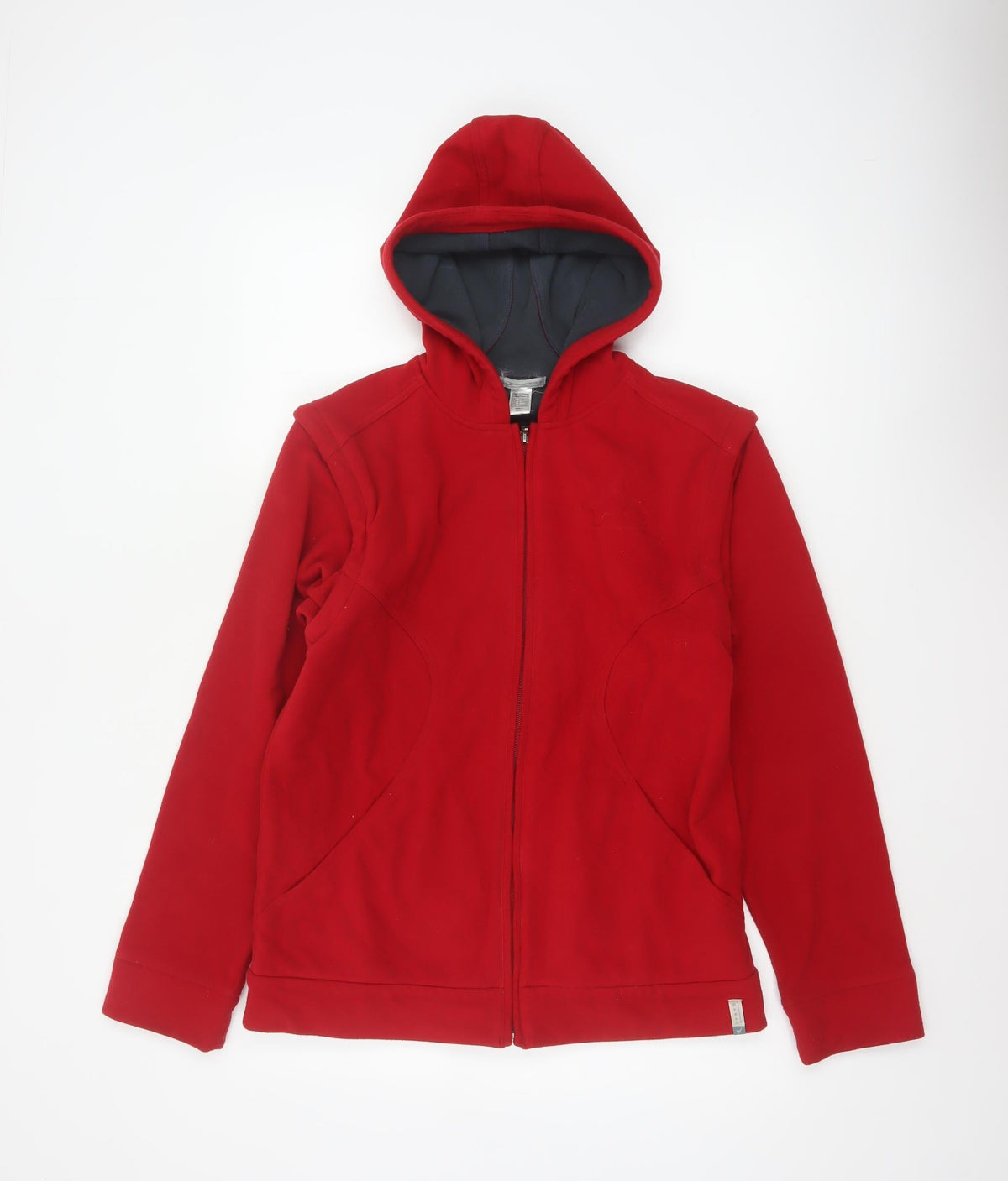 Back view of Domyos boys’ red 14 years hooded full zip fleece jacket sports