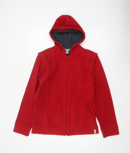 Back view of Domyos boys’ red 14 years hooded full zip fleece jacket sports