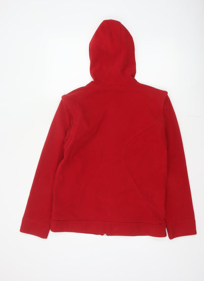 Brand and care label for Domyos boys’ red 14 years hooded full zip fleece jacket sports