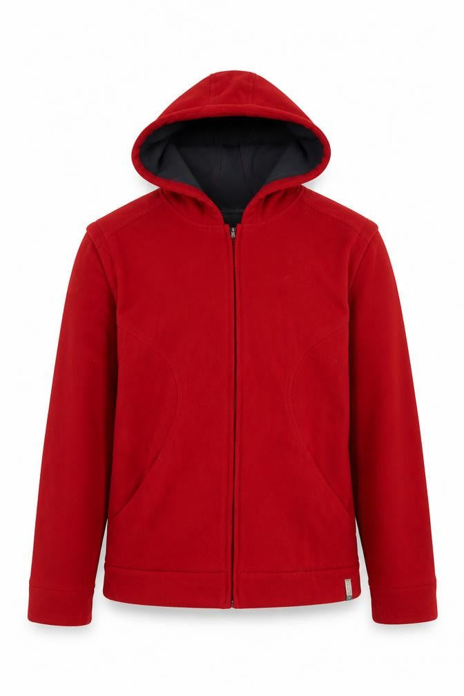 Front view of Domyos boys’ red 14 years hooded full zip fleece jacket sports