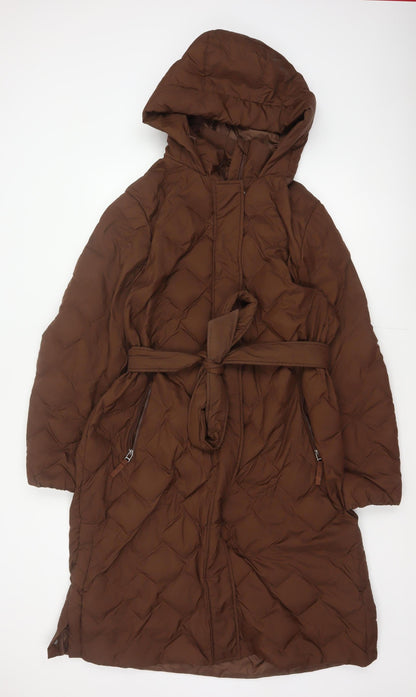 Marks and Spencer Women Brown UK 18 Long Hooded Belted Down Puffer Coat