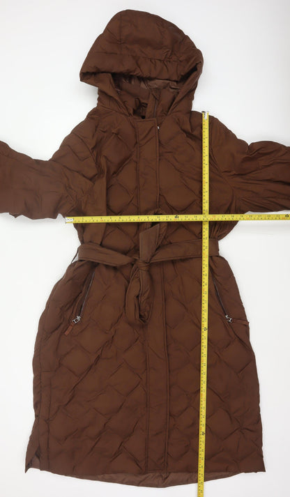 Marks and Spencer Women Brown UK 18 Long Hooded Belted Down Puffer Coat