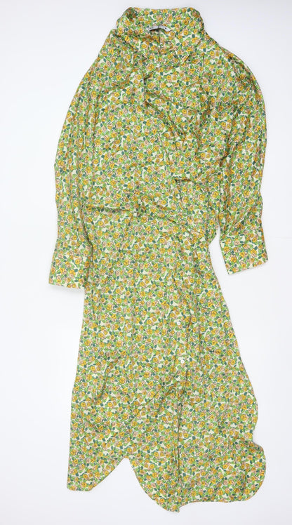 Zara Women Multicoloured Floral Long Shirt Dress 2XL Ruffle Collar