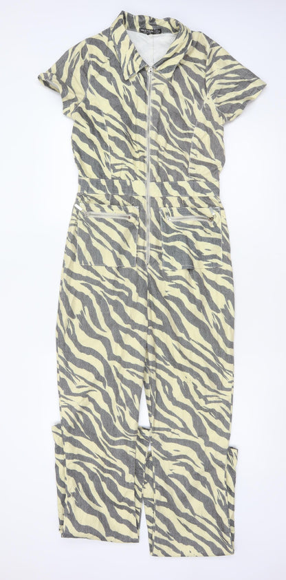 Nasty Gal Women Beige Grey Zebra Print Zip Wide-Leg Jumpsuit UK 12