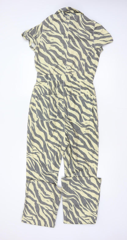 Nasty Gal Women Beige Grey Zebra Print Zip Wide-Leg Jumpsuit UK 12