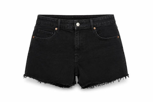H&M Women Black UK 16 Cut-Off Denim High Rise 5-Pocket Shorts