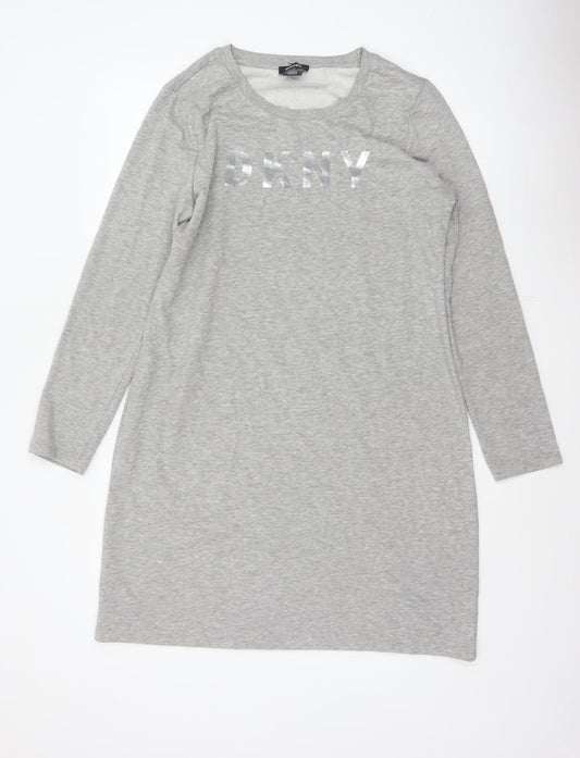 DKNY Women Grey S French Terry Jumper Dress Logo Graphic Long Sleeve